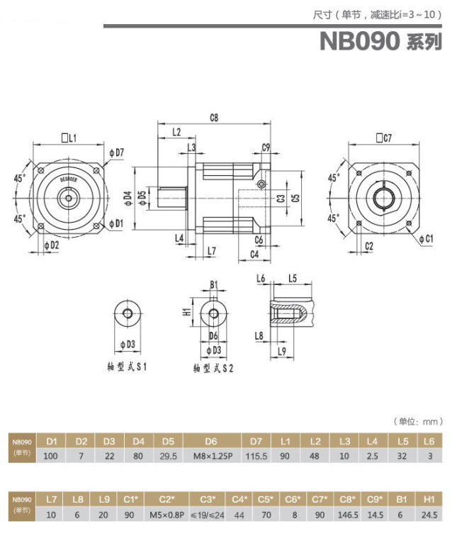 NB090行星減速機型號大全以及尺寸圖紙